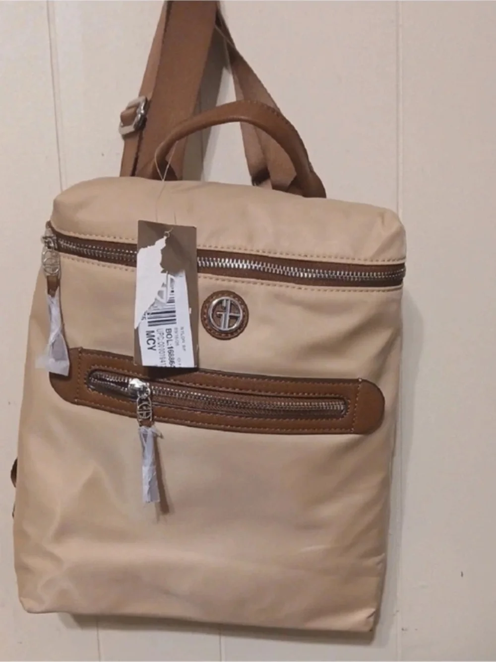 Giani Bernini Beige Nylon Backpack with Brown Trim